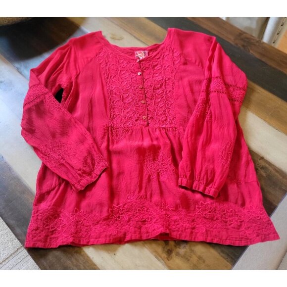 Johnny Was Red Embroidered Button-Front Long Sleeve Tunic Blouse Size S - Picture 10 of 12
